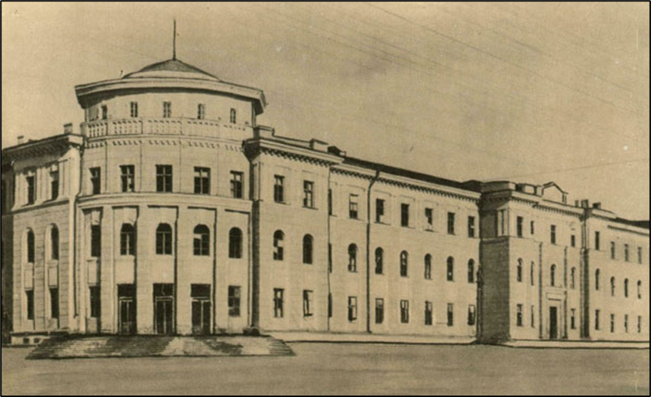 Рис. 1. «Дом культуры им. А.С. Попова», 1957 г.  (ул. Добролюбова, 12 (ул. Зыряновская, 123). Арх. К.К. Леонов. Источник: http://nsk.novosibdom.ru/node/304