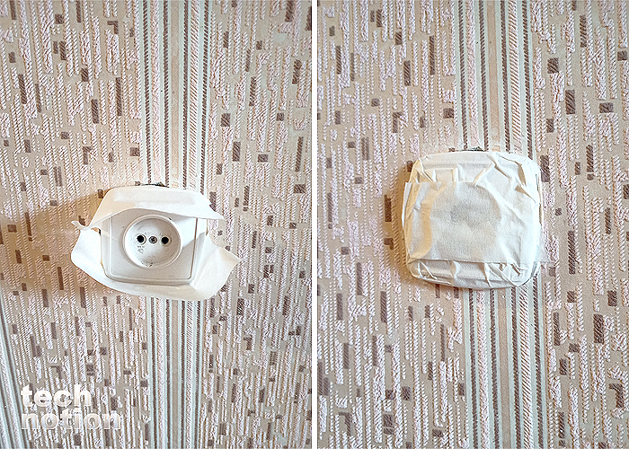 Розетки во время ремонта можно защитить при помощи малярного скотча / Изображение: дзен-канал technotion