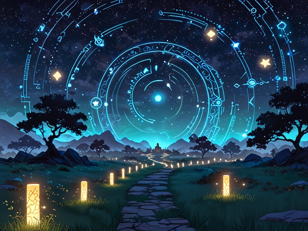 Огромный мистический ландшафт с извилистой тропой, состоящей из светящихся символов и древних письмен, символизирующих путешествие жизни и дхармы. Тропа освещена мягким золотым светом, а по пути плавают световые шары, символизирующие знаки Вселенной. Вдалеке тропа ведет к сияющему храму , символизирующему конечную цель или судьбу. Небо над головой наполнено созвездиями и космическими символами, намекающими на руководство Вселенной.