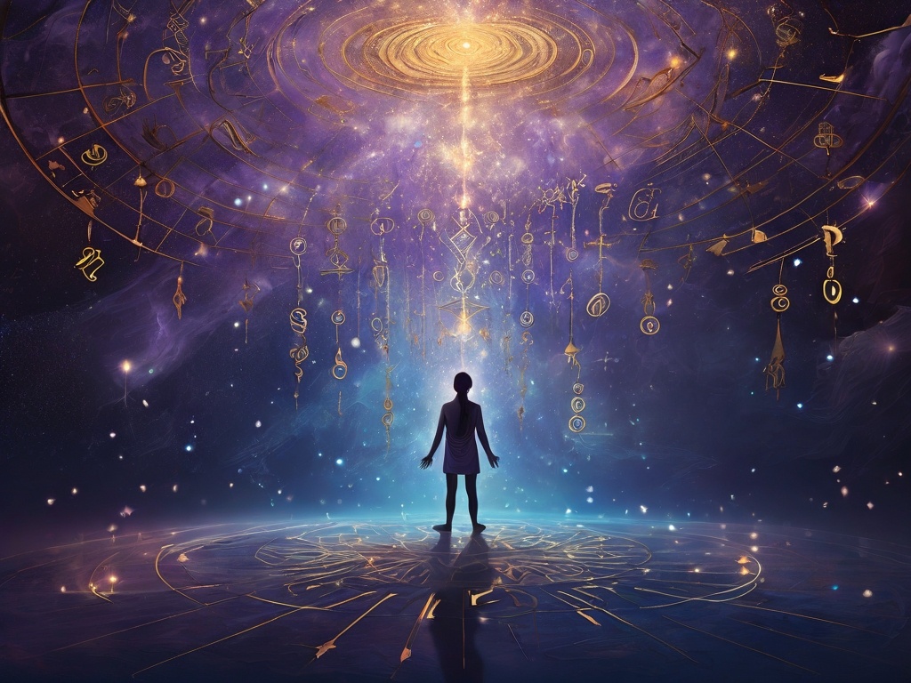 Абстрактное изображение человека,  в сюрреалистической, сказочной обстановке. Вокруг человека плавают полупрозрачные символы и древние письмена, представляющие знаки Вселенной. Фон превращается в неземную смесь пурпурного, синего и золотого цветов, символизирующие связь между интуицией и руководством Вселенной.