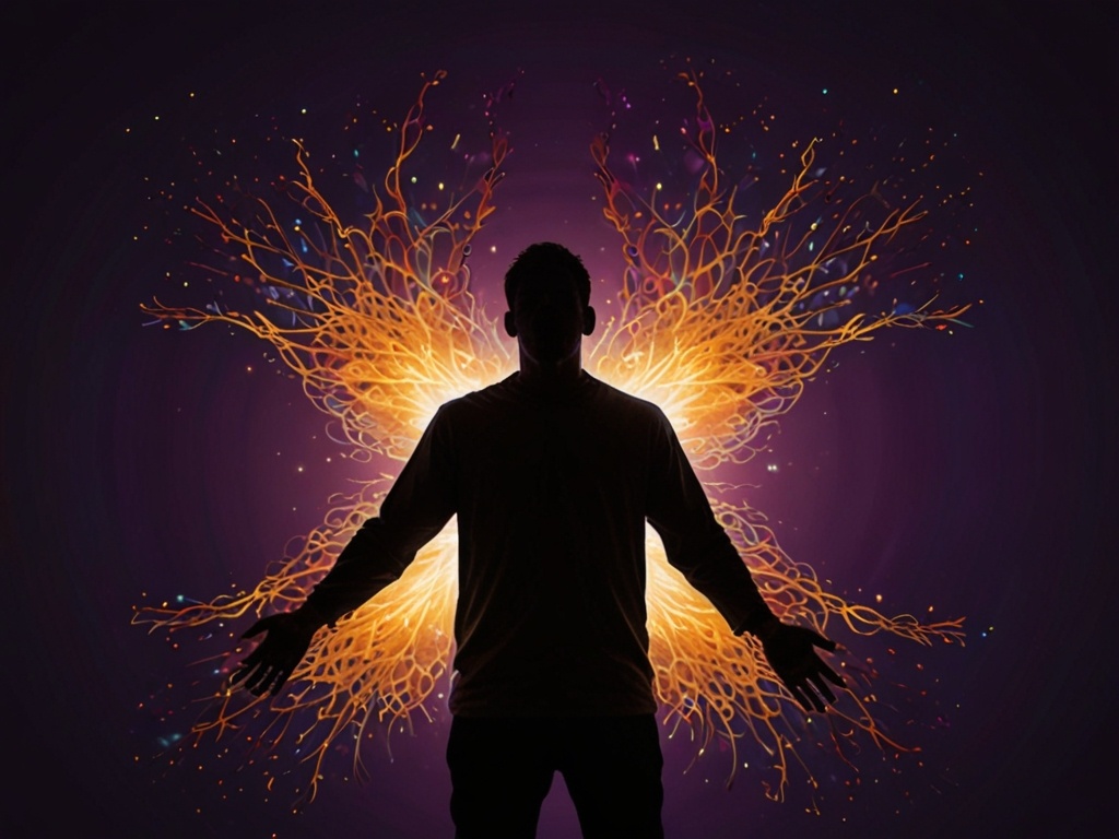 Абстрактное изображение человека, окруженного замысловатыми светящимися узлами света, символизирующими кармические связи. Фон представляет собой градиент темно-фиолетового и мягкого золота, символизирующий переход от тьмы к духовному свету и свободе.