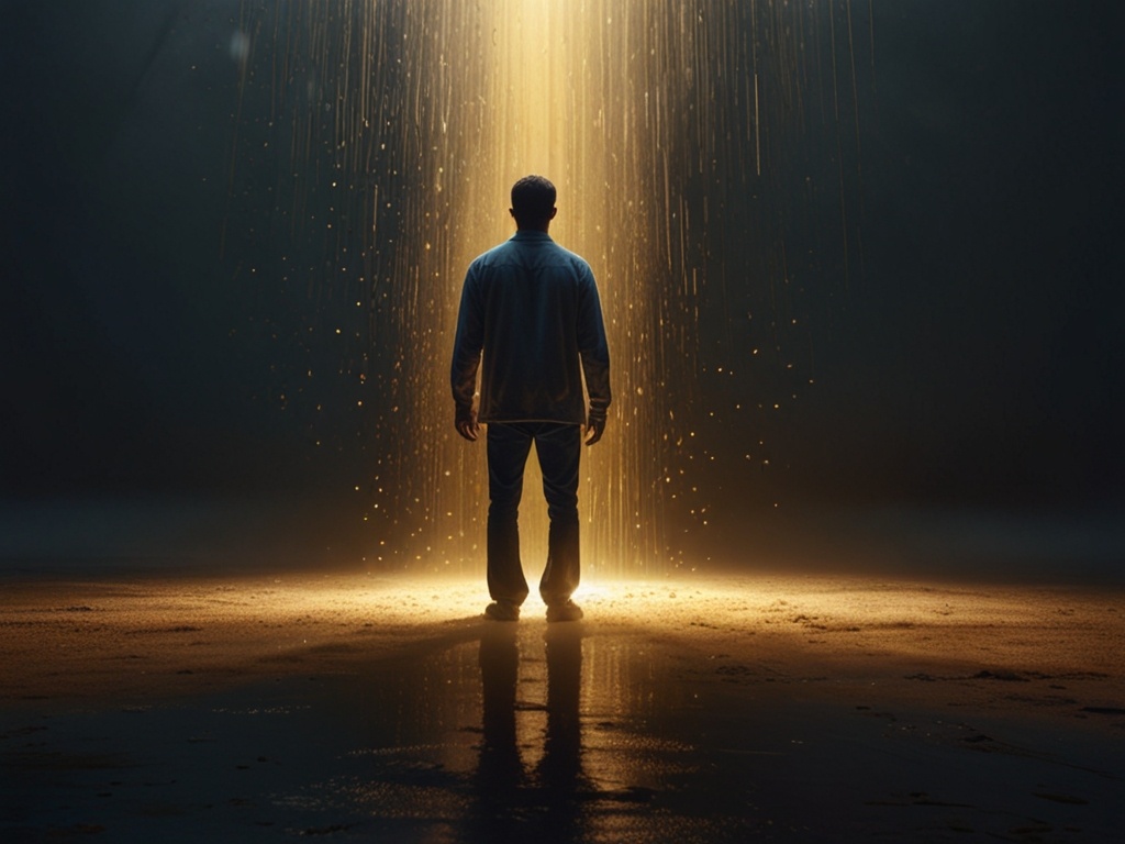 Безмятежная сцена человека, стоящего в центре светящегося дождя, с темными, негативными бэкграундом, представляющими прошлую карму и обиды. Поза человека открыта, руки вытянуты в акте прощения и освобождения. Над ними льется мягкий дождь золотого света, очищая и очищая пространство. 