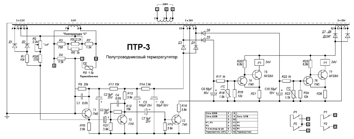 Принципиальная схема полупроводникового терморегулятора ПТР-3