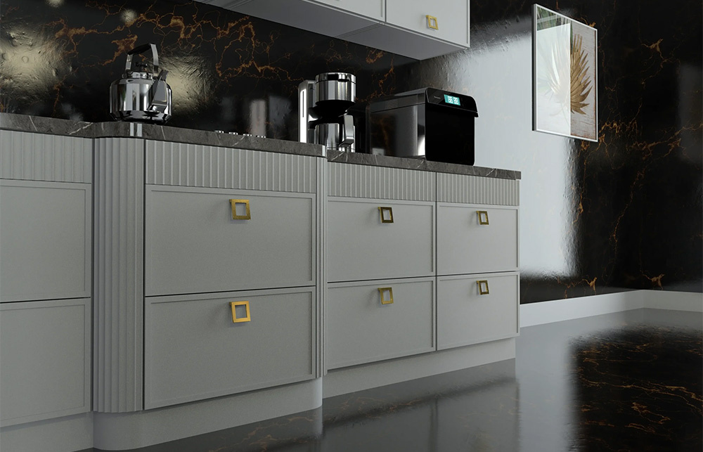 Фото кухни на заказ с фрезеровкой Fence и Telayo и накладными ручками-кнопка золото