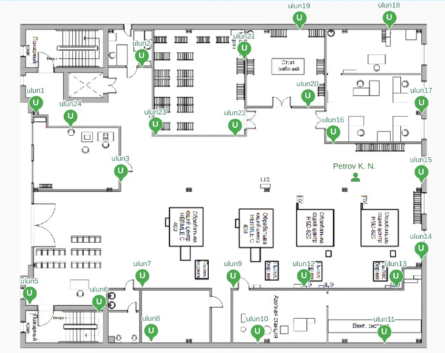 Хранение и обработка в реальном времени координат положения сотрудников в пределах заданной территории. 