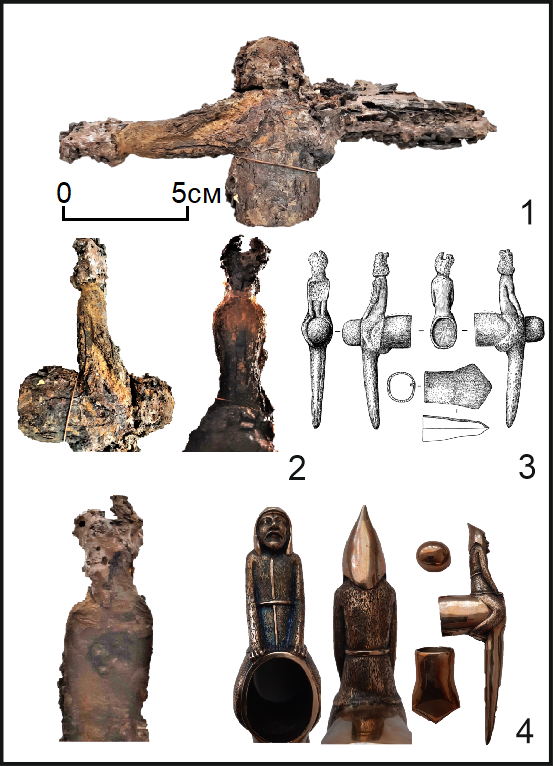 Рис. 1 (фото). Чекан из могилы 3 кургана 15 Новотроицкого-2: 1–2 – фото современного состояния изделия; 3 – его прорисовка, выполненная П. И. Шульгой (по: [Шульга и др., 2009, с. 149, рис. 77]); 4 – выполненная на ее основе фотонатурная художественная реконструкция
(фото Н. Н. Головченко)
