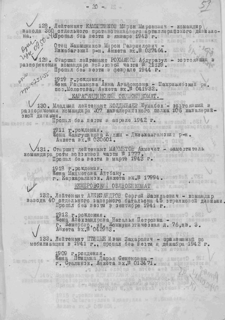 Птицын в списках пропавших без вести МО СССР