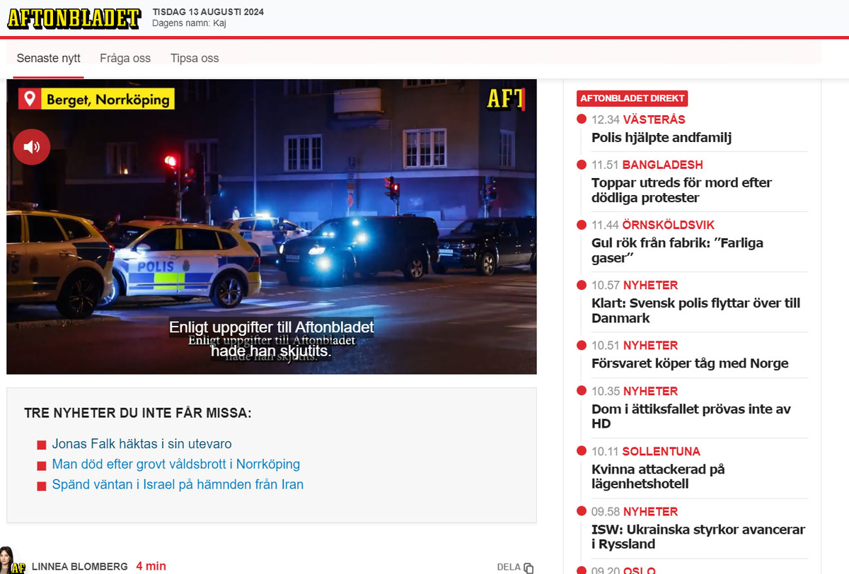 Aftonbladet передовица за 13 августа
