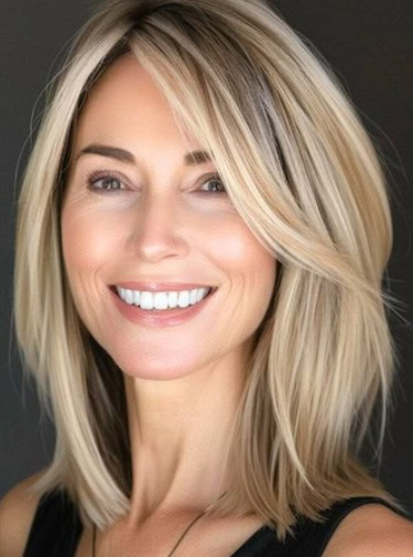 Многослойный боб с боковой челкой Прическа для  женщины в возрасте 40-50+ лет с тонкими светлыми волосами. 