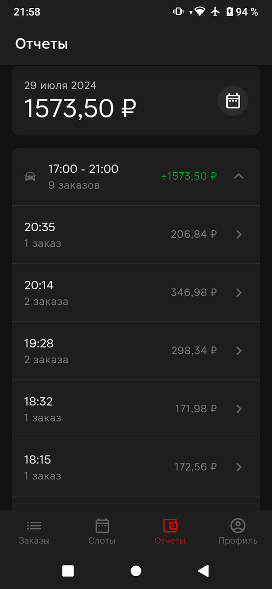 Результат за вечер 29 июля