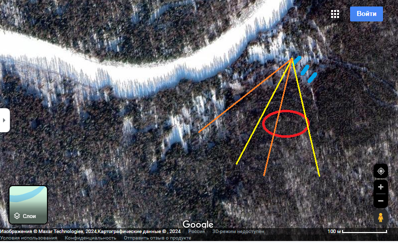 Фото 2. Ракурсы съемки "фото с горкой" (желтые линии) и "фото с Зиной" (оранжевые линии). У этих двух кадров есть общий пересекающийся сектор. 