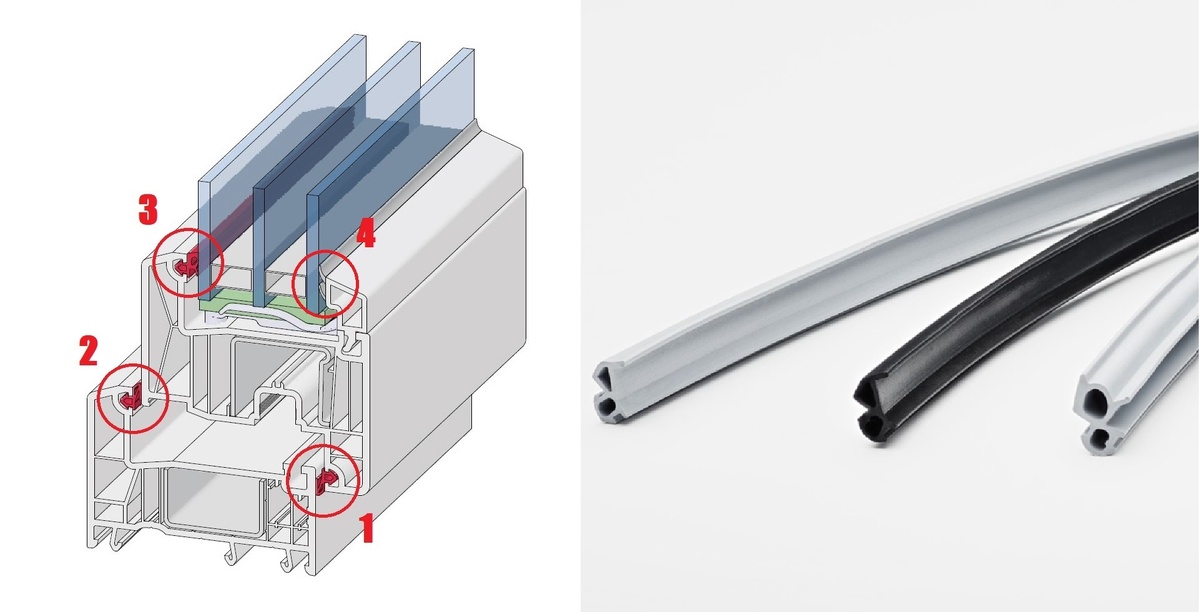 Слева- схема расположения уплотнителей в конструкции окна. Справа- сами уплотнители. 