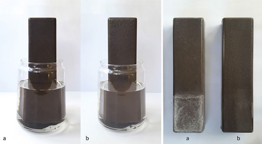 В результате лабораторных испытаний было установлено, что полимер-бетонное покрытие Систром (b) намного эффективнее защищает поверхность бетона от высолов, чем гидрофобное (a). (Фото взято из нашей статьи https://e-cpi.ru/%D1%81oncrete-products/4-2019-sistrom/4-2019-sistrom.html) 