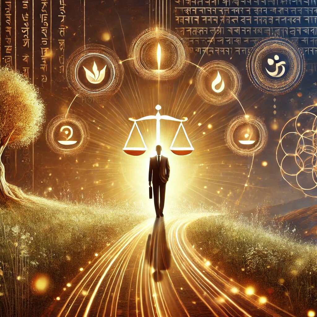 первая картинка изображает бизнесмена на пути из золотого света, символизирующем дхарму в бизнесе.