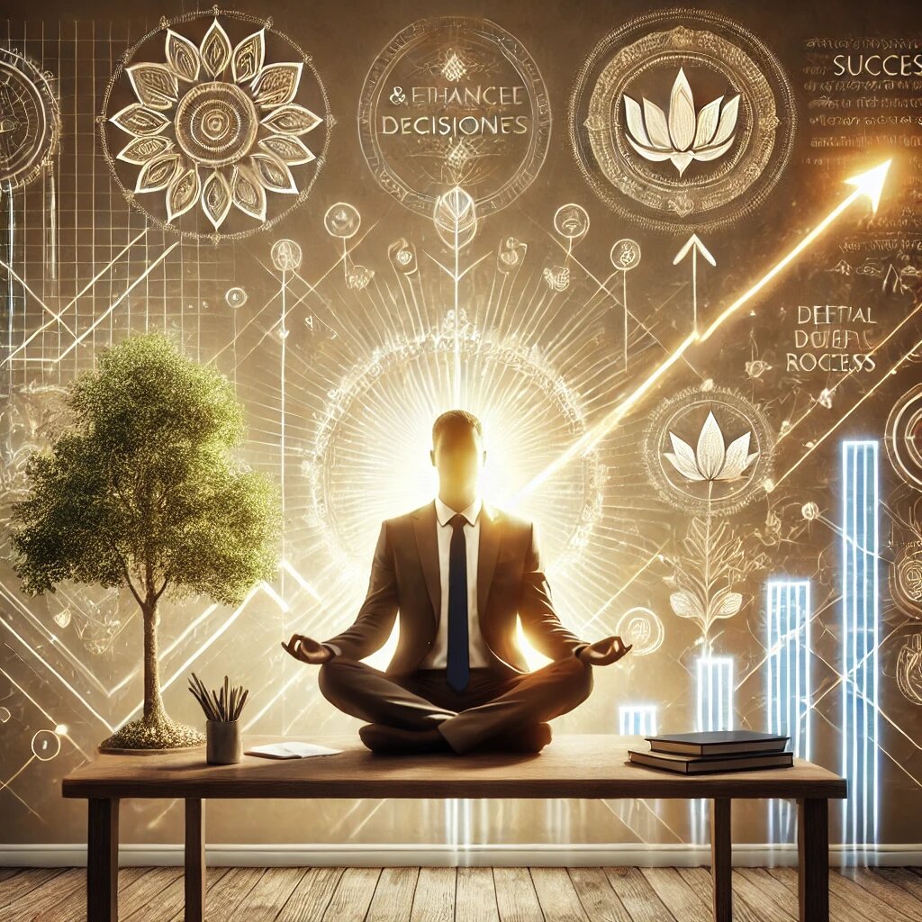 вторая картинка — медитирующую фигуру в офисе, окружённую символами успеха и этичного принятия решений