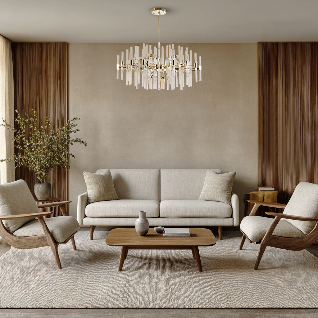 Металл и стекло люстры MATILDA оттеняют плавные формы мебели