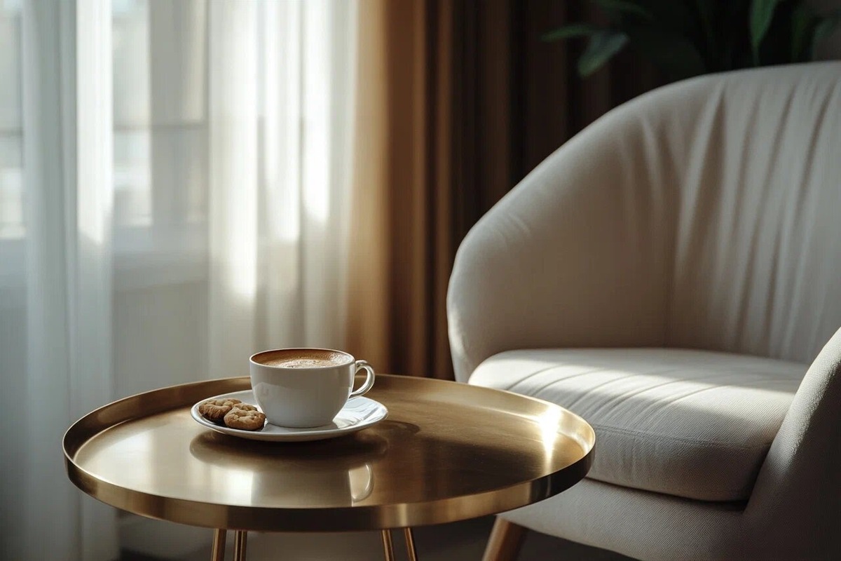 Журнальный столик в оттенке "латунь" обязательно ставьте у окна