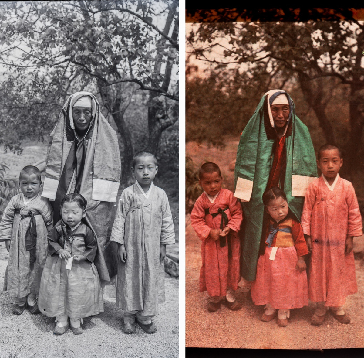 На фотографии, сделанной немецким архиаббатом Нобертом Вебером (1870-1956)  в 1911 году, изображены женщина и ее внуки (Фонд зарубежного корейского  культурного наследия)