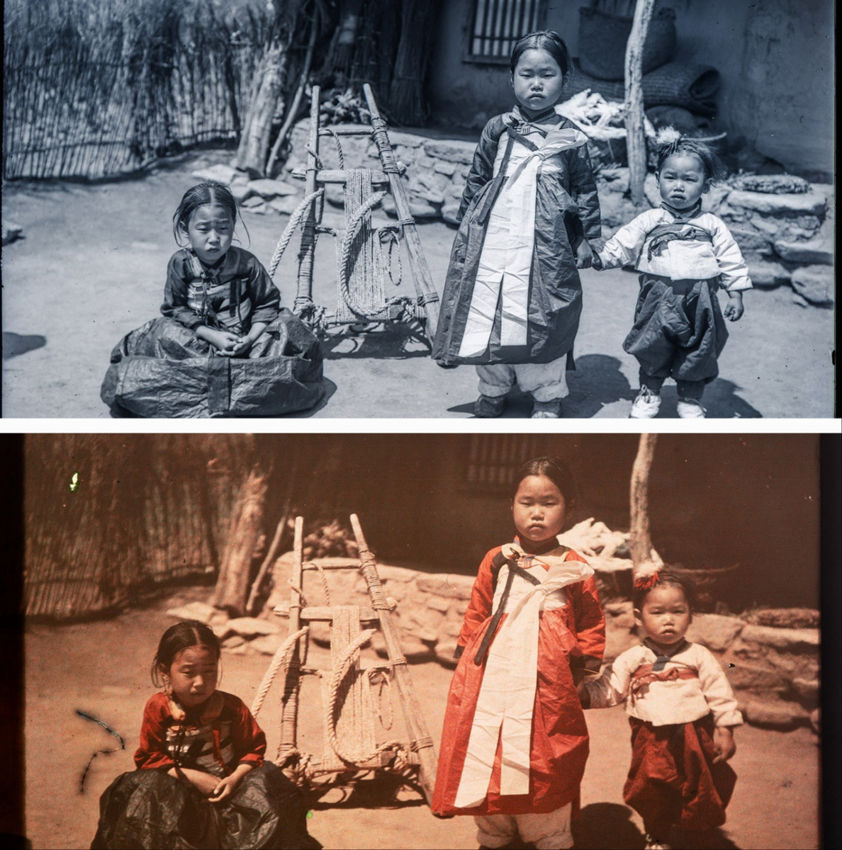 На фотографии, сделанной немецким архаббатом Нобертом Вебером (1870-1956) в  1911 году, изображены дети в Чхонге-ри, провинция Хванхэ (Фонд  зарубежного корейского культурного наследия)