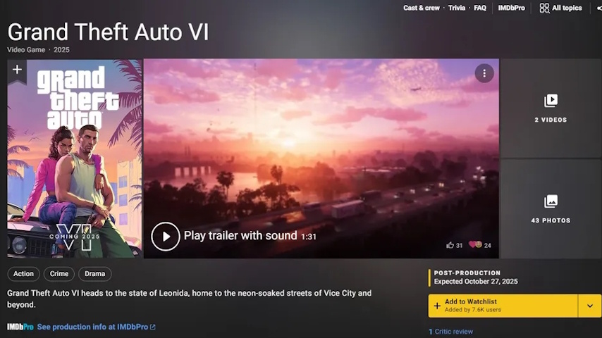 Слив даты выхода GTA VI на IMDb