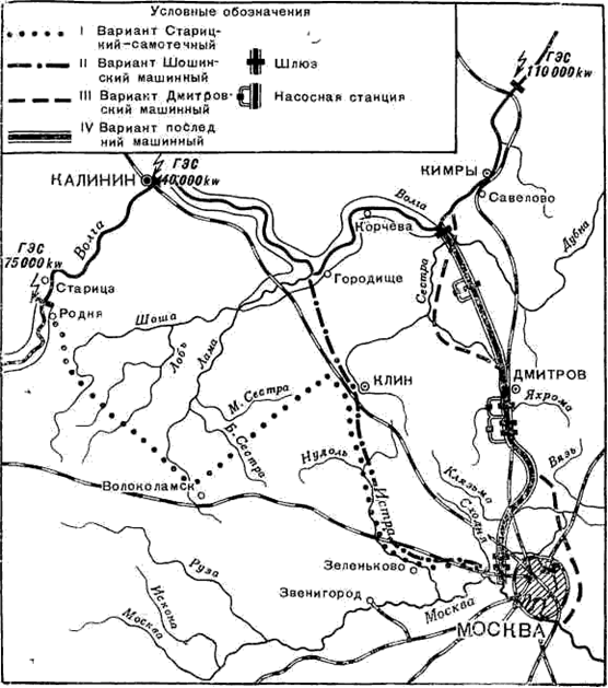 Варианты трассировки Канала "Москва-Волга"