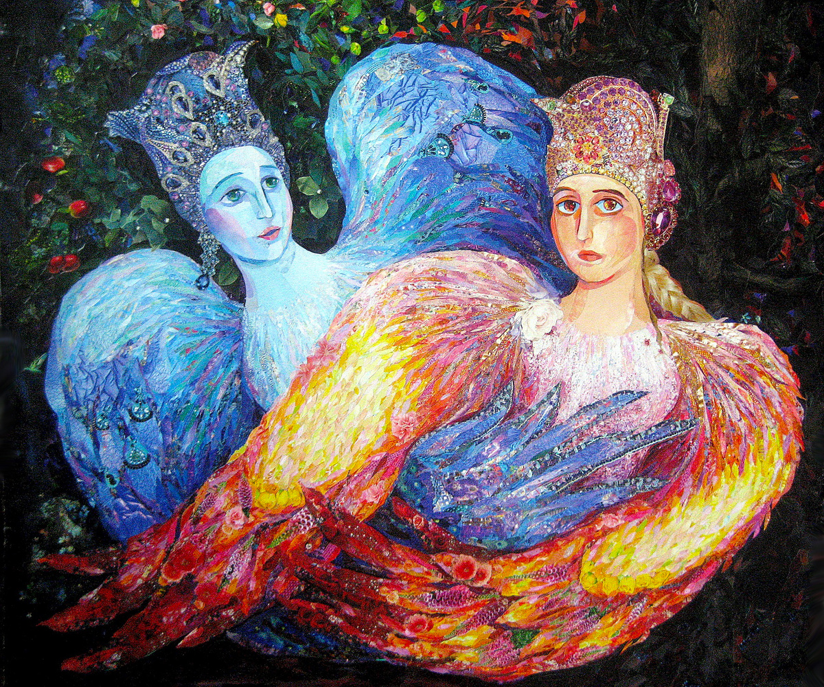 "Сирин м Алконост", коллажная живопись. Из архива автора.