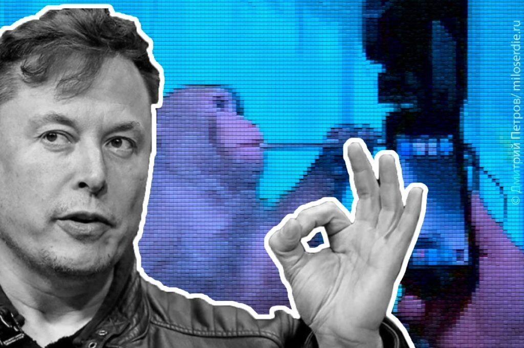 Илон Маск на фоне коллажа с обезьяной, которой вживили чип и исправили зрение