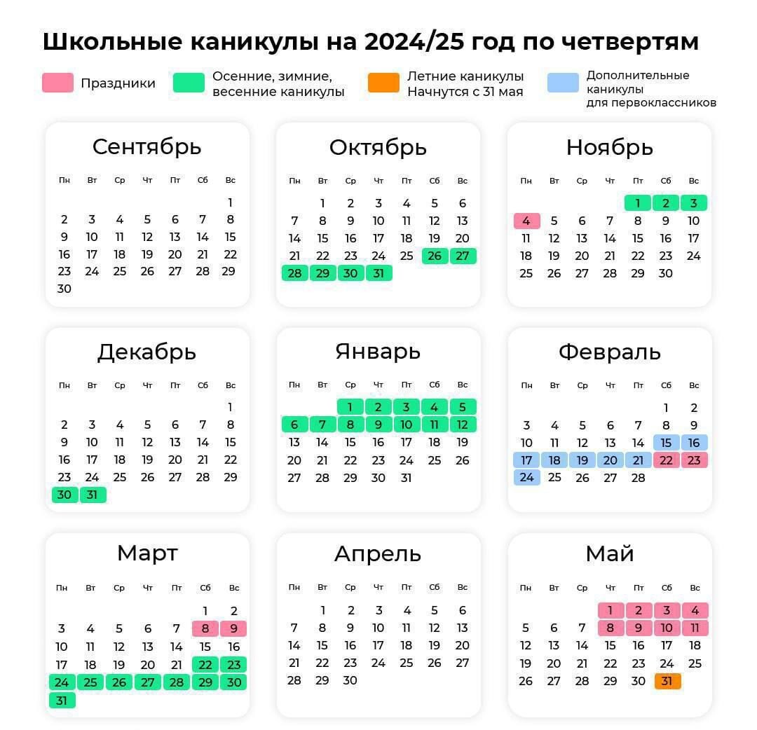 Объявлено, когда каникулы в 2024/2025 учебном году. Календарь по четвертям и триместрам