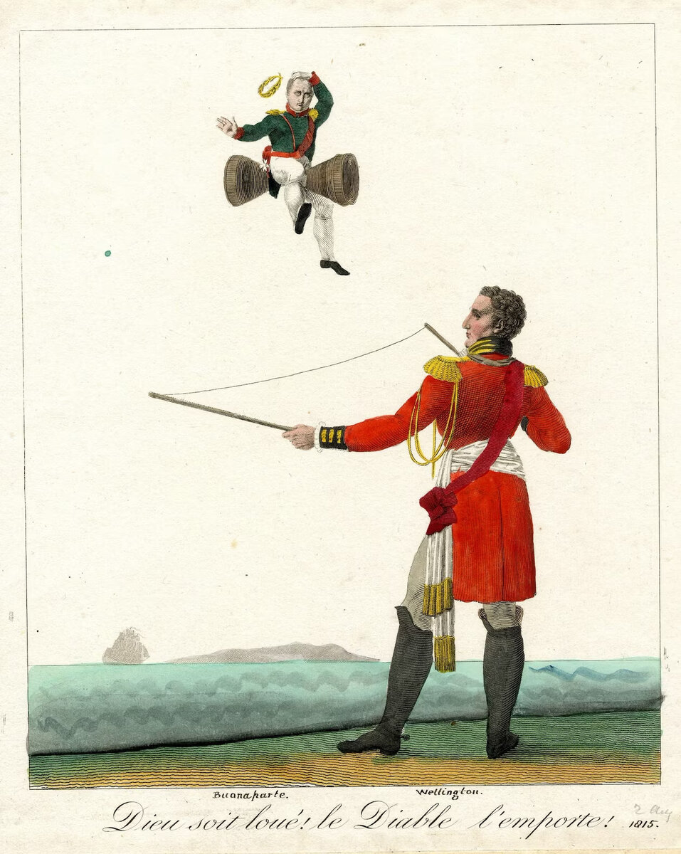 Карикатура, которая изображает как герцог Веллингтон подбрасывает Наполеона. (Веллингтон знаменит за то, что привел Британию к победе над войсками Наполеона в  1815 году в битвее при Ватерлоо)