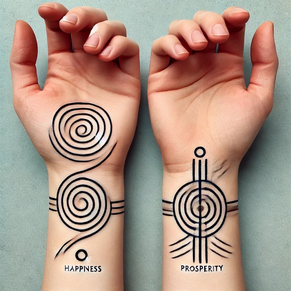 "Узор счастья" и "Узор благополучия," размещенных в области пульса на запястьях. Эти простые символы легко нарисовать самостоятельно, чтобы привлечь в жизнь счастье и стабильность.