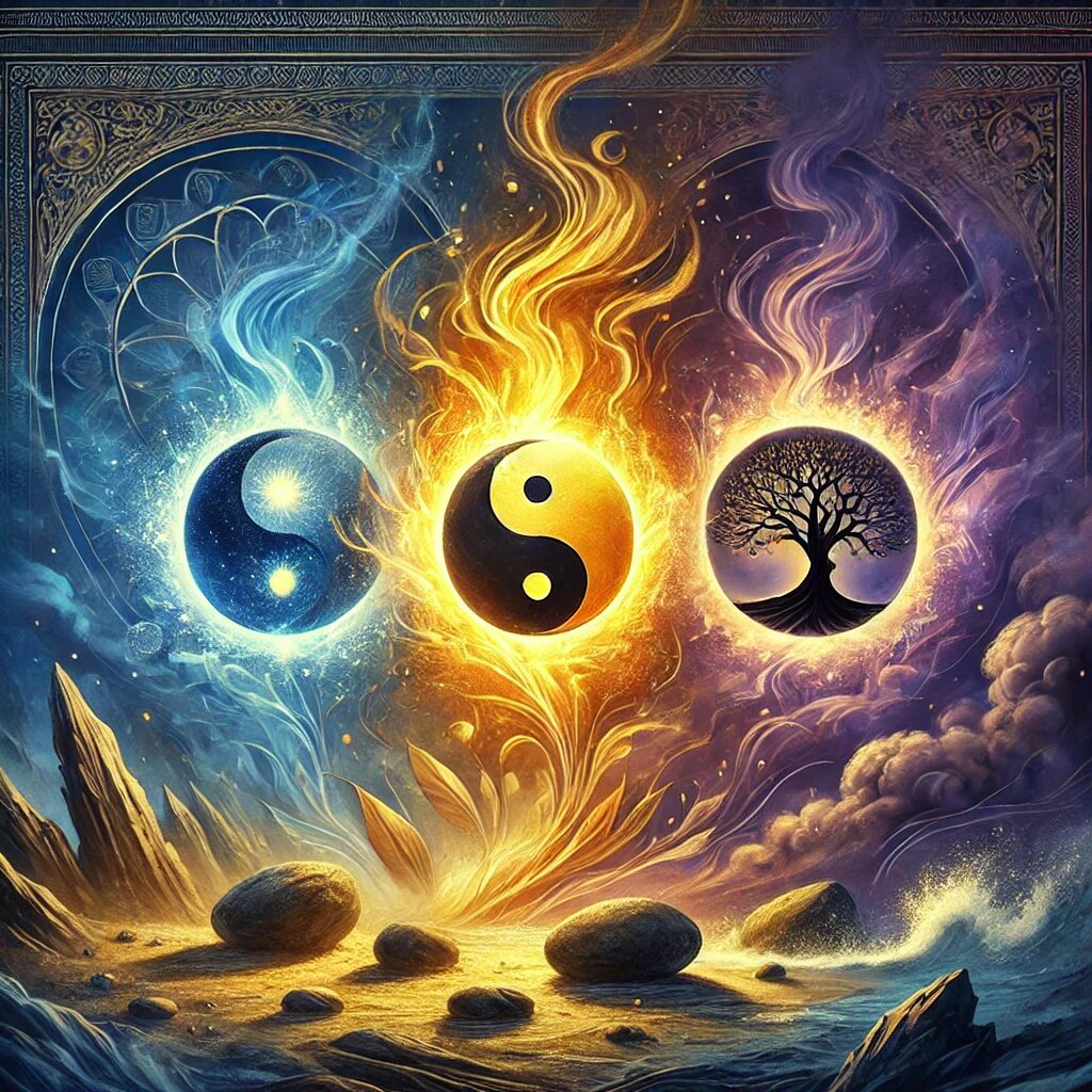 Первая картинка изображает три природных символа, представляющих гуны в ведической философии. Саттва представлена светлым и спокойным сиянием, символизирующим чистоту и гармонию. Раджас изображён как бурлящее пламя, олицетворяющее активность и страсть. Тамас представлен густым туманом или тяжёлыми камнями, символизирующими инертность и невежество. Эти элементы взаимодействуют друг с другом, создавая контраст и баланс, что подчёркивает их влияние на природный мир и человеческое поведение. 