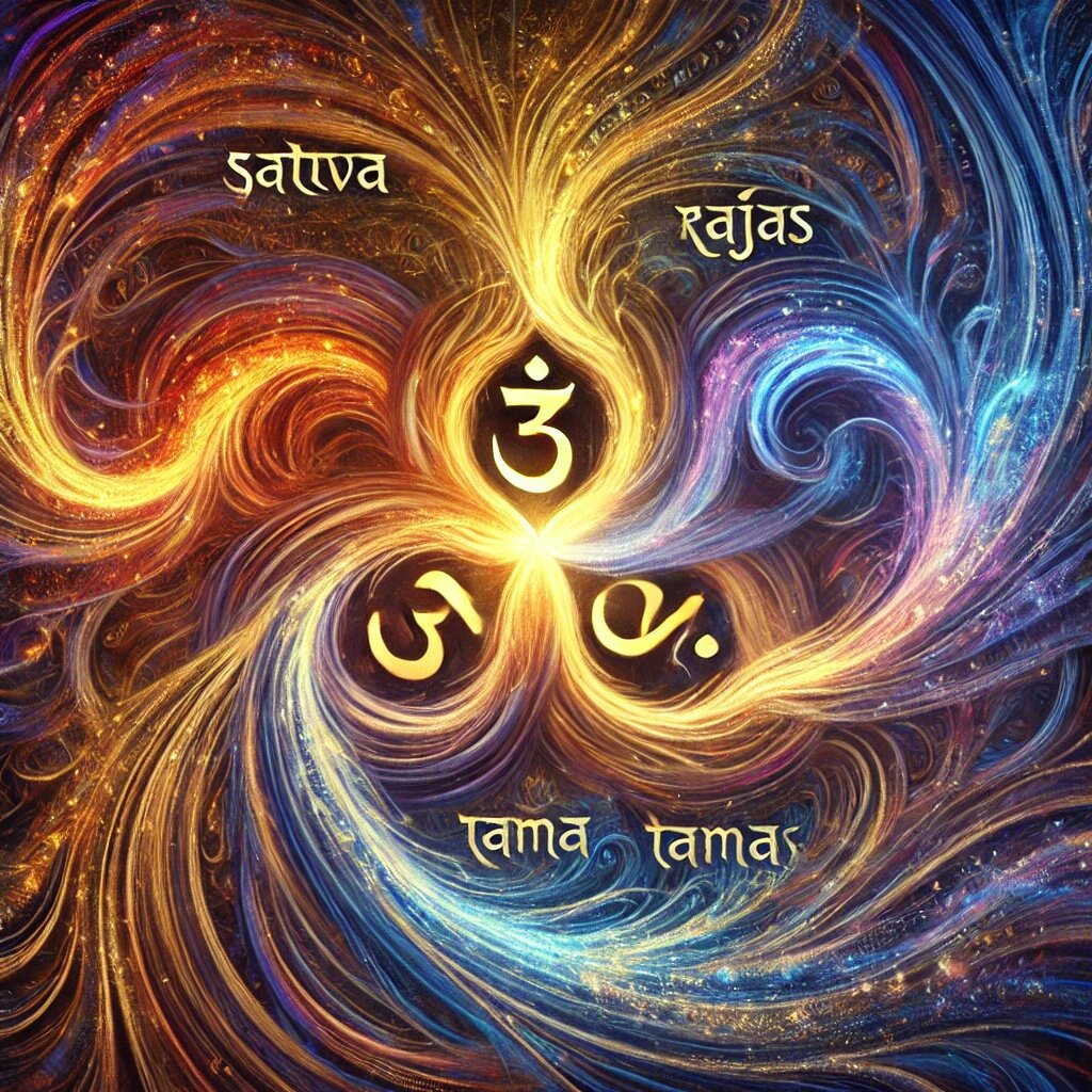 На второй картинке изображены три переплетающихся потока энергии, каждый из которых символизирует одну из гун. Светлый, сияющий поток представляет саттву — чистоту и гармонию. Огненный, динамичный поток символизирует раджас — активность и страсть. Тёмный и плотный поток олицетворяет тамас — инертность и невежество. Эти потоки сталкиваются и переплетаются, создавая сложный и яркий узор, который символизирует взаимодействие гун и их влияние на мир и человеческое поведение.