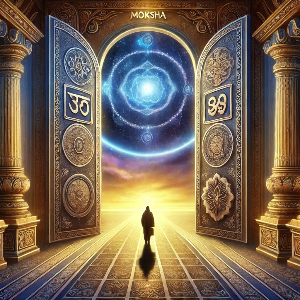 Первая картинка показывает человека перед открытыми воротами, ведущими в бесконечное светлое пространство, символизирующее освобождение.