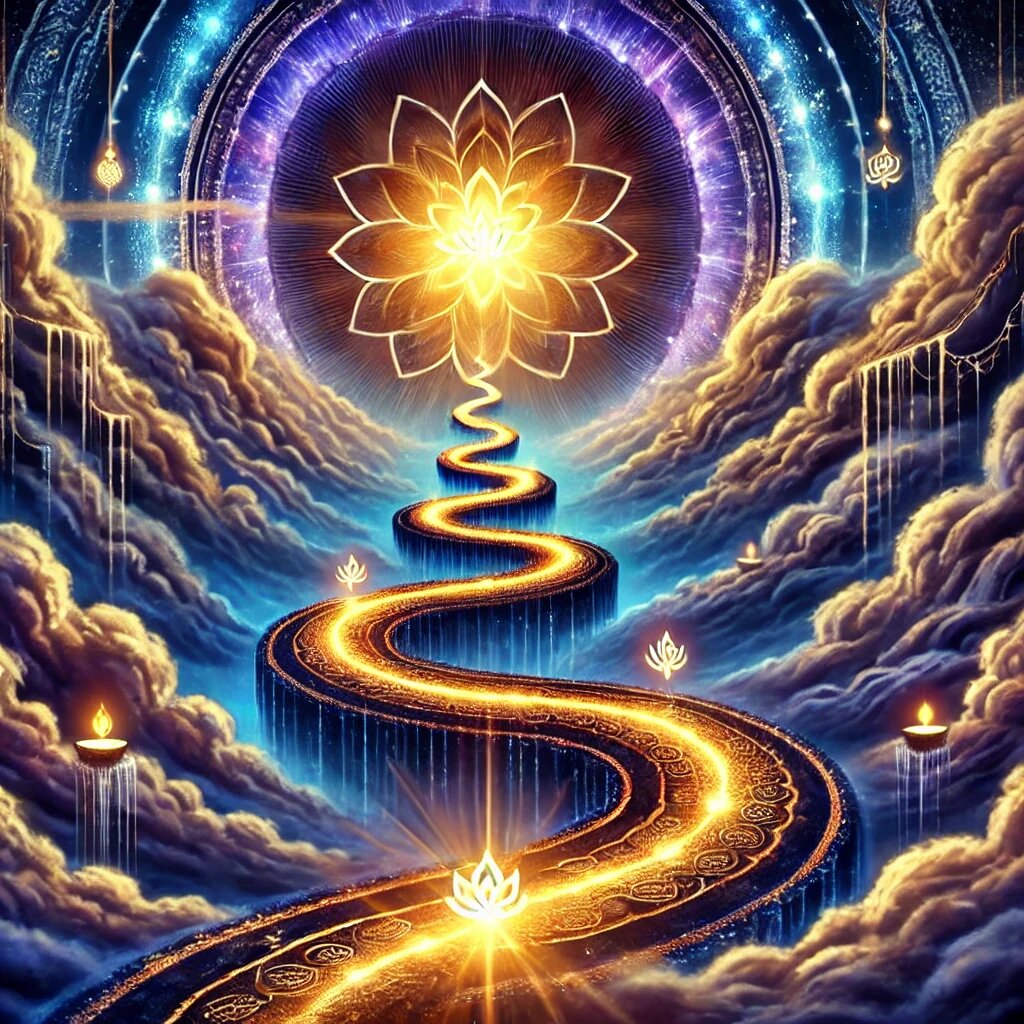 Вторая показывает извилистый светящийся путь, ведущий вверх сквозь облака к яркому божественному свету, символизирующему мокшу.