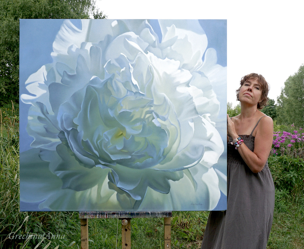 Художник Анна речина. Картина с пионом  "В тени неба". Живопись, гиперреализм. Холст, масло.  Размер 120х140см.