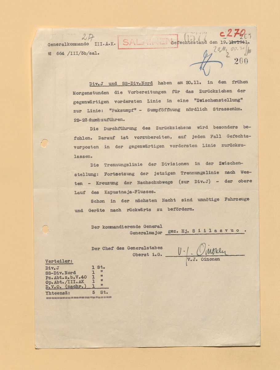 Дивизиям J и СС "Норд" с утра 20.11. начать проводить подготовку к отходу на промежуточный рубеж. Это линия "Paksumpf" ["Болото противотанковых орудий"] - просвет болота к северу 22-23 километров дороги. [В общем, непонятно, где это]