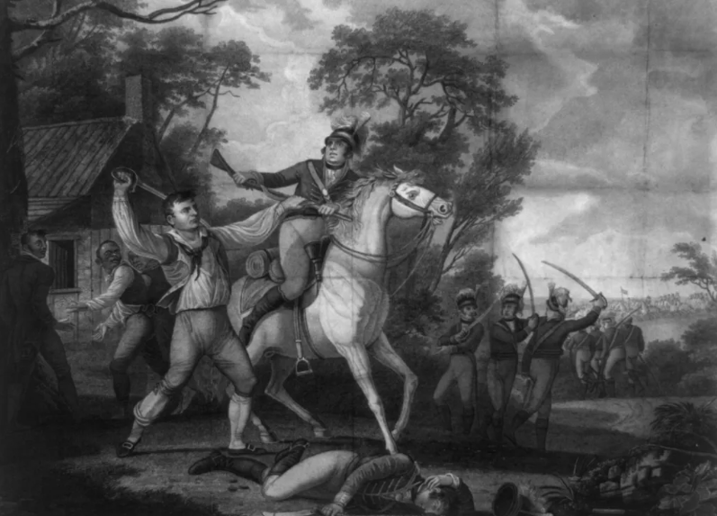 Гравюра, изображающая виргинского Геркулеса Педро / Питера Франсиско (слева), сражающегося с британским кавалеристом в округе Амелия, штат Вирджиния, в июле 1781 года. Гравюра была создана в 1814 году. Фото: Библиотека Конгресса // Общественное достояние