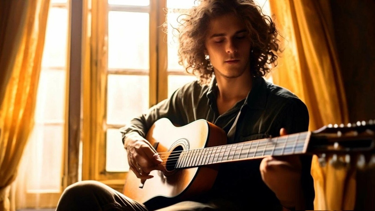 Как реагирует на русский рок молодое поколение. Парень играет на классической гитаре любимые песни исполнителей русского рока. Картинку сгенерировала нейросеть "Шедеврум".