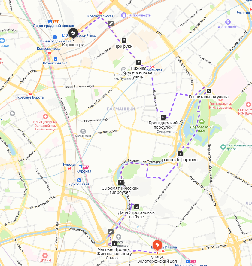 Примерный маршрут. Если строить прямо по нужным точкам, Яндекс иначе рисует маршрут, например в Андроников монастырь ведет другой дорогой, чем мы шли.