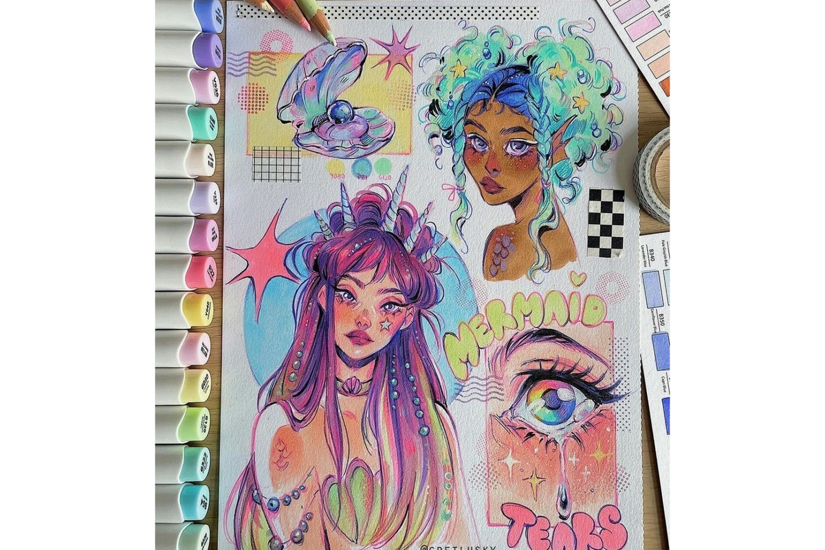 Используют маркеры для скетчинга и цветные карандаши. Источник: pinterest.com. Автор: @Greteluksy.