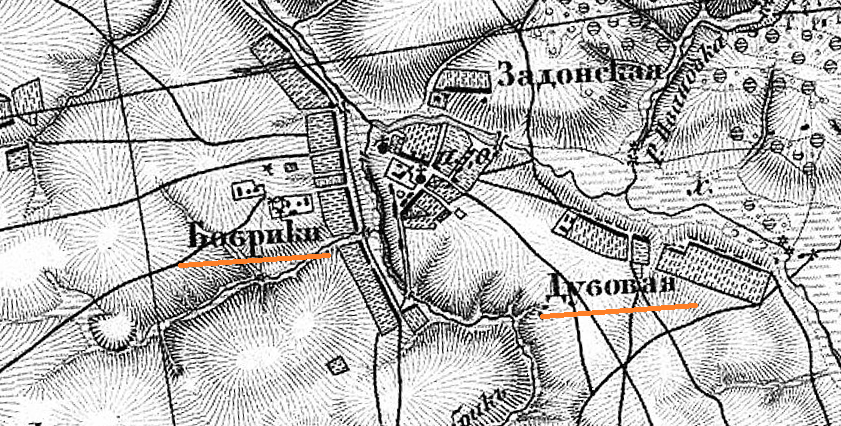 Село Бобрики и деревня Дубовая на карте XIX века.