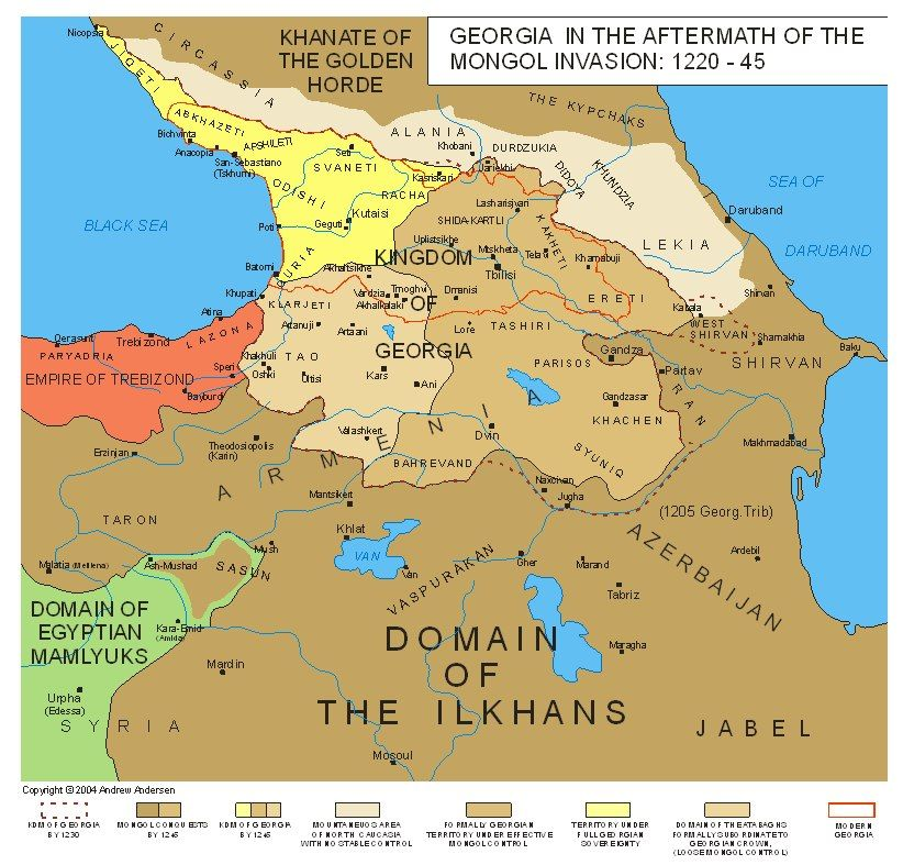 Коричневым цветом обозначаются территории, захваченные монголами либо подчинившиеся им к 1245 г., жёлтым цветом — остатки незахваченных владений Грузинского царства. Википедия.
