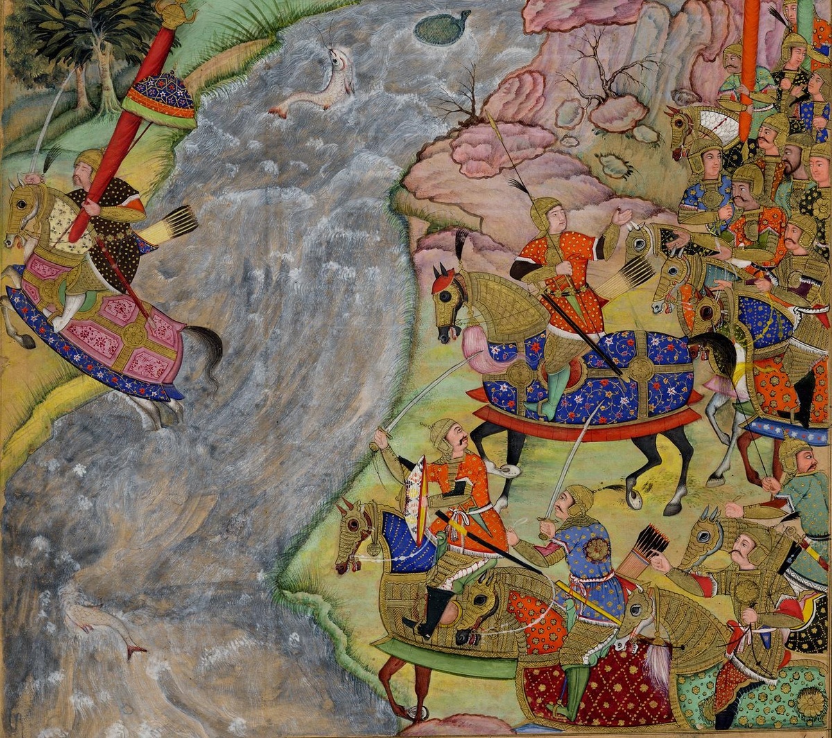 Джалаладин спасается бегством от Чингисхана и его армии после битвы на Инде, бросившись в воду на коне, который переправил его на другой берег. Деталь картины 1596—1600гг. кисти художников Дхарм Даса и Банвари Кхурда из Британского музея в Лондоне, инв. ном. 1980,0512,0.9. URL: https://www.britishmuseum.org/collection/object/W_1980-0512-0-9