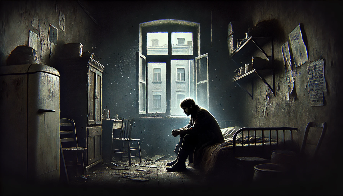 Родион Раскольников в своей бедной квартире в Санкт-Петербурге