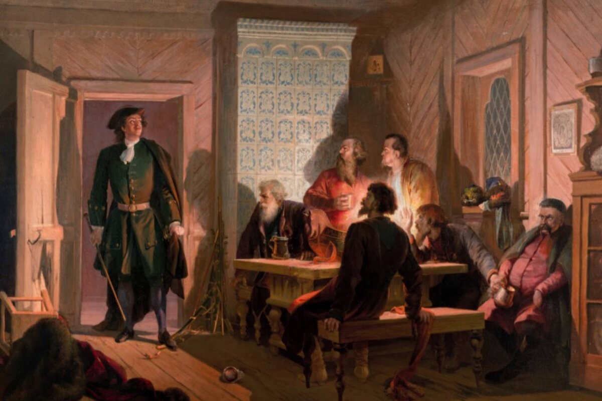 Картина: «Петр Первый раскрывает заговор в доме Циклера 23 февраля 1697 года» - Адольф Шарлемань. Источник: rusmuseum