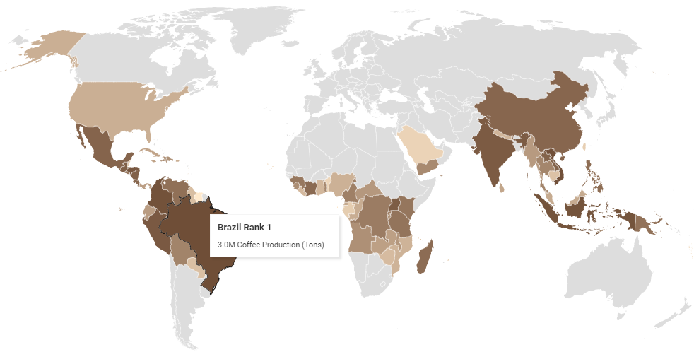 Рис. 1, Карта производства кофе. Чем темнее цвет тем больше производство. Источник изображения - [1].
