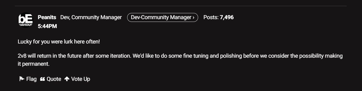 Один из разработчиков вновь подтвердил, что 2v8 вернётся в будущем с некоторыми измене