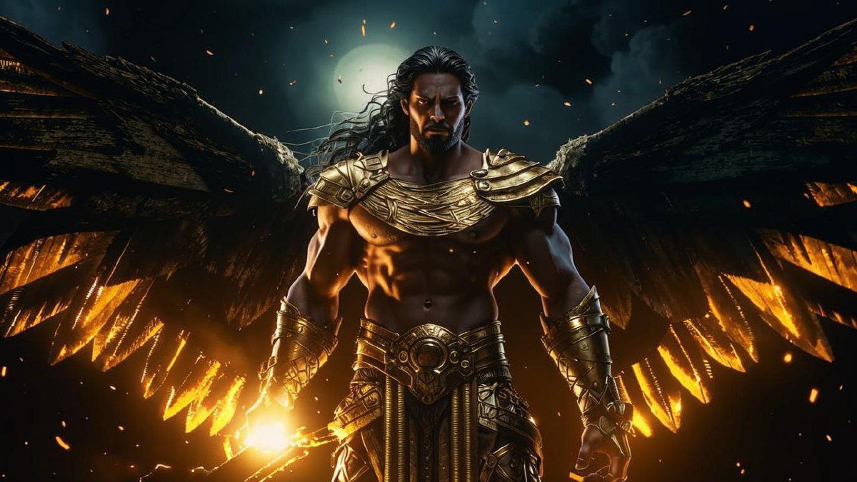 Прометей,на спине у него крылья чёрного цвета, изображён в золотых доспехах, под покровом ночи, в руках сияет огонь как жажда к свободе Быкова Е. 2405 