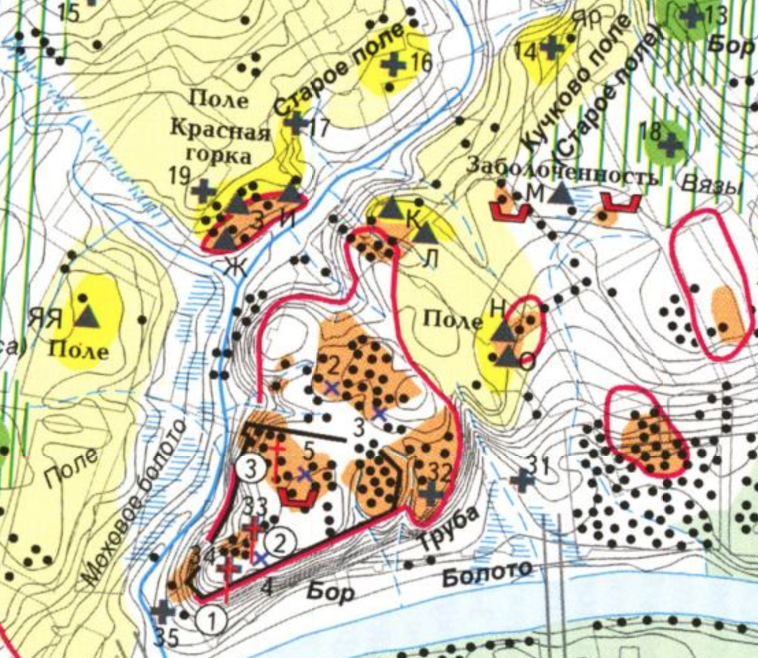 Чёрная линия - это граница Кремля в 1150 году. С сайта www.retromap.ru.