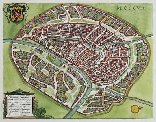 План Москвы от немецкого путешественника Адама Олеария, 1634. Здесь можно хорошо увидеть стены Кремля, Китай-города, Белого города и Земляной вал. С сайта www.retromap.ru.